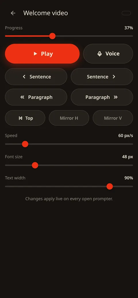 The phone remote: progress bar, play, voice, sentence and paragraph jumps, mirror, speed, font size and text width